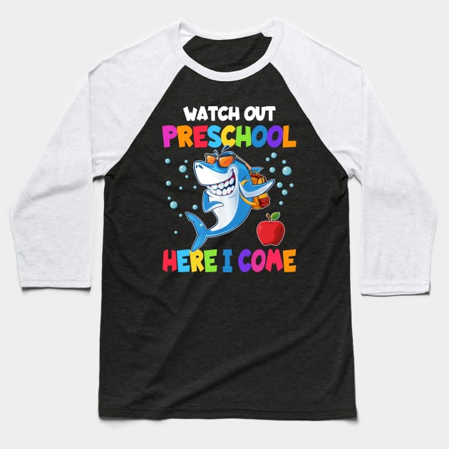 Watch Out Preschool Here I Come Dabbing Shark- Back To School Baseball T-Shirt by bunnierosoff21835